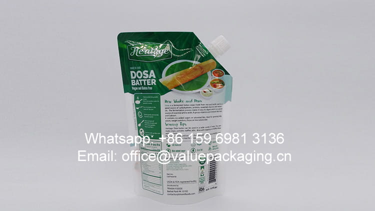 190-1 Standing Spout doypack for dosa batter FDA certificate 