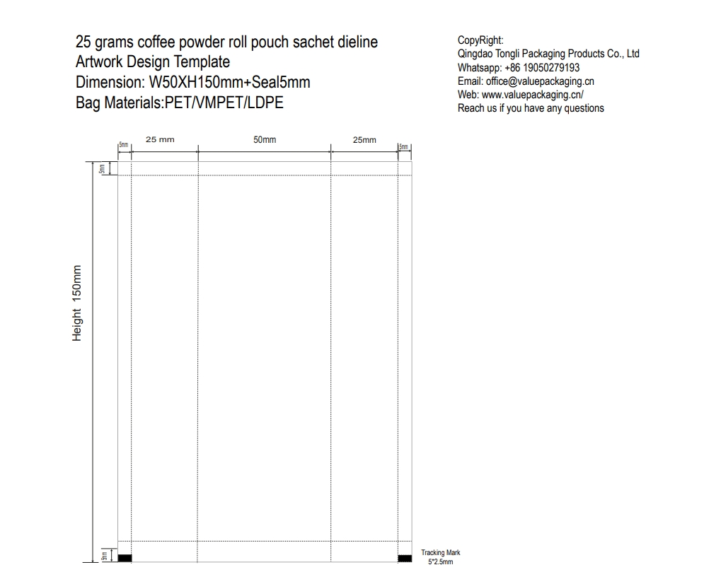 25 grams - coffee powder - roll pouch - sachet - dieline