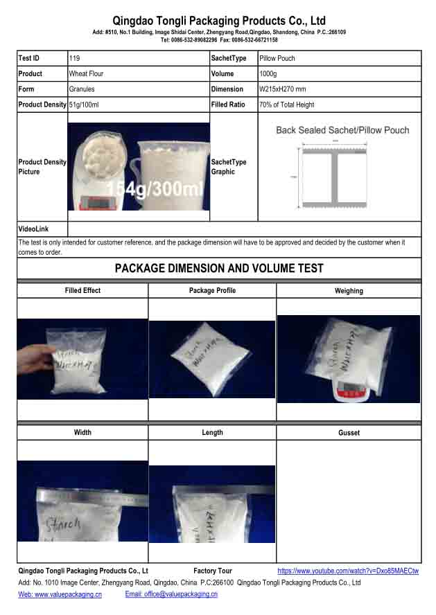 Wheat Flour Bag-1000g-Pillow Pouch-W215xH270 mm -Package Dimension Test#119