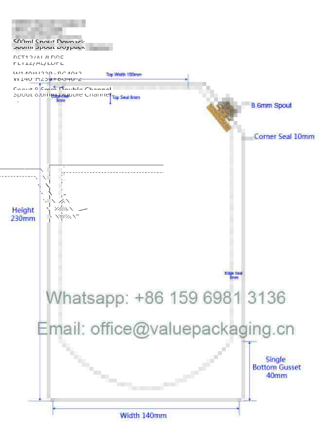 500ml W140XH215+BG90+Corner Spout 8.6mm
