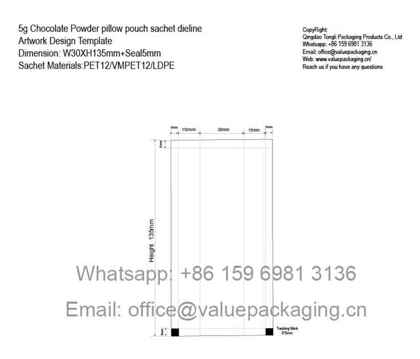 Chocolate Powder 5g Pillow Pouch W30XH135+BS5mm Dieline Artwork