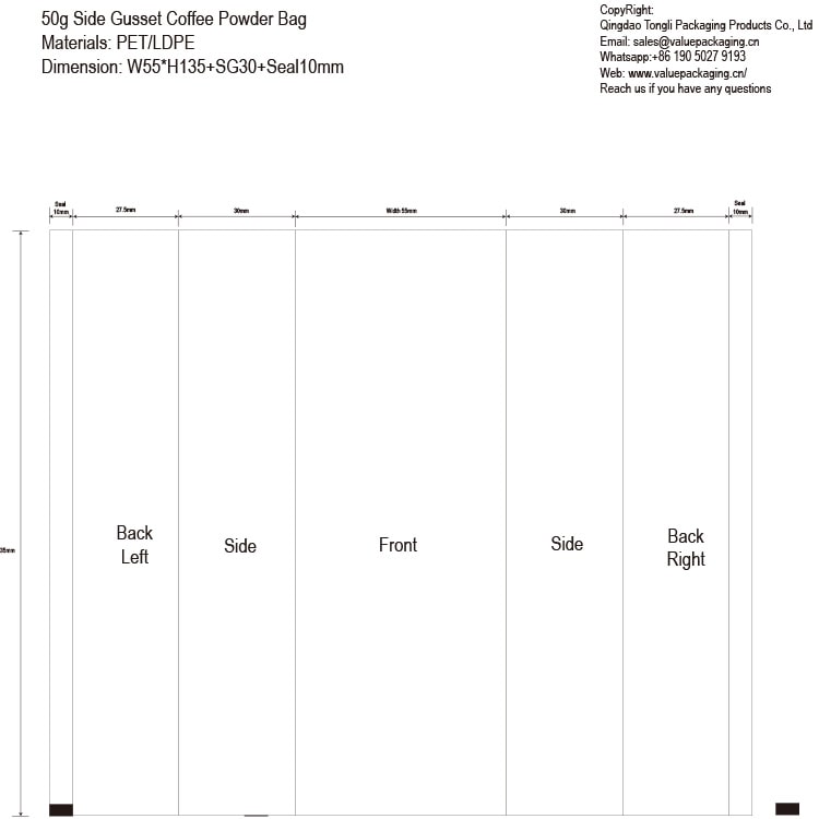 Coffee Powder-50g-Side Gusseted Pouch-W55xH135+SG30mm+Back Seal10mm-v162