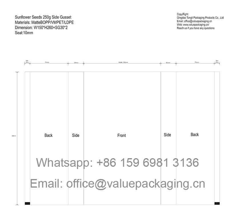 Diecut-Sunflower Seeds-248g-Side Gusset-W150xH260+Side Gusset30x2 mm -Package Dimension-