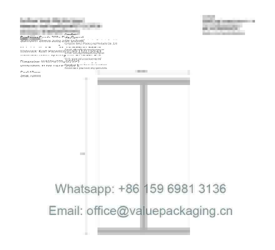 Sunflower Seeds-308g-Side Gusset-W160xH270+Side Gusset20x2 mm -Package Dimension