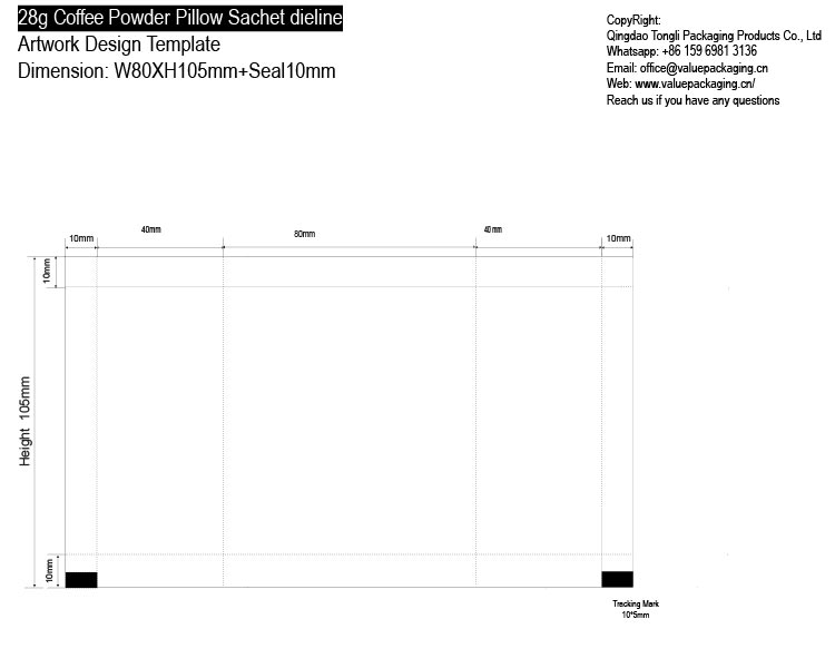 28g Coffee Powder Pillow Sachet dielineW80XH105+BS10mm Dieline Artwork Design Template