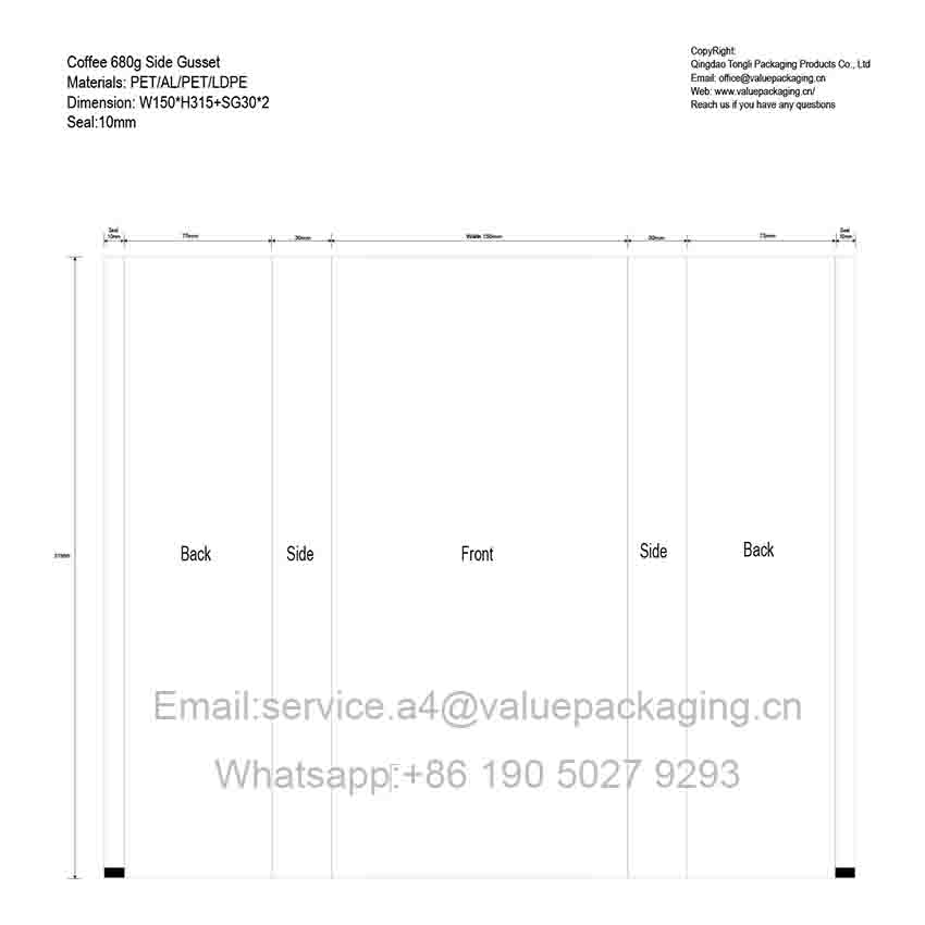 Diecut-Coffee-Side Gusset-W150xH315+Side Gusset30x2 mm -Package Dimension