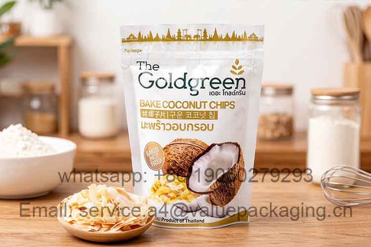 Common zippered coconut chip stand-up pouch