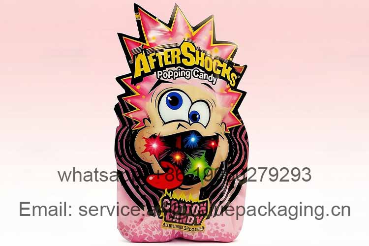 Irregularly shaped popping candy four-side seal packaging