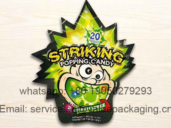 Irregularly shaped popping candy four-side seal packaging1