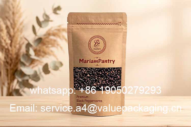 Kraft paper stand-up pouch with transparent window for peppercorns