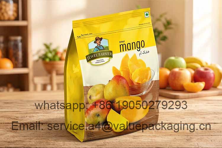 Large capacity flat bottom bag for dried mangoes