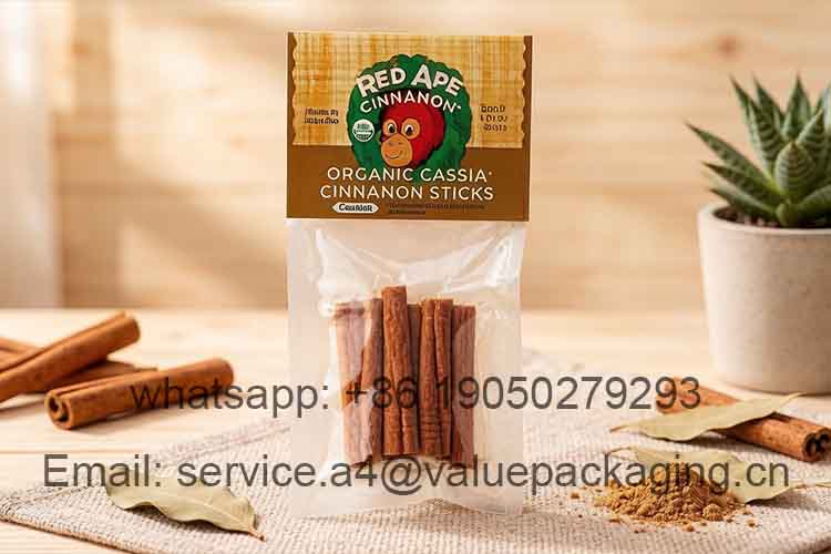 Small cinnamon stick packaging with four-sided seal.