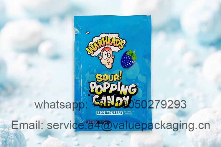 Small, four-side sealed popping candy pouches