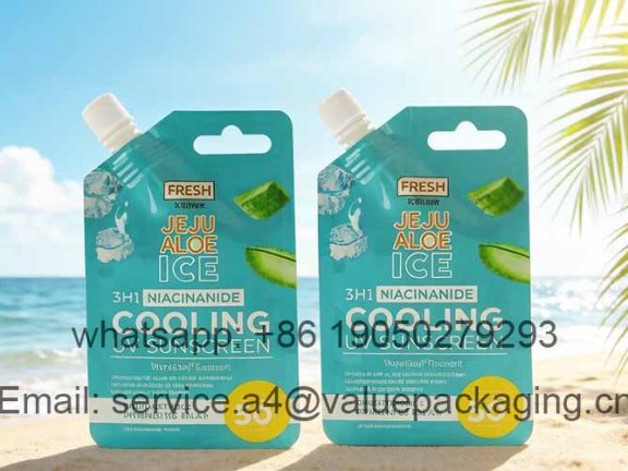 Stand-up spout sunscreen pouch with handle