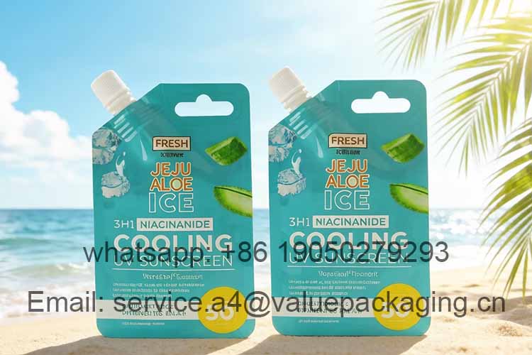 Stand-up spout sunscreen pouch with handle