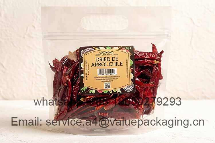 Dried chili pepper stand-up pouch with zipper and airplane hole