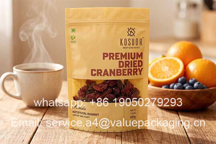 Kraft paper stand-up zipper transparent window cranberry bag