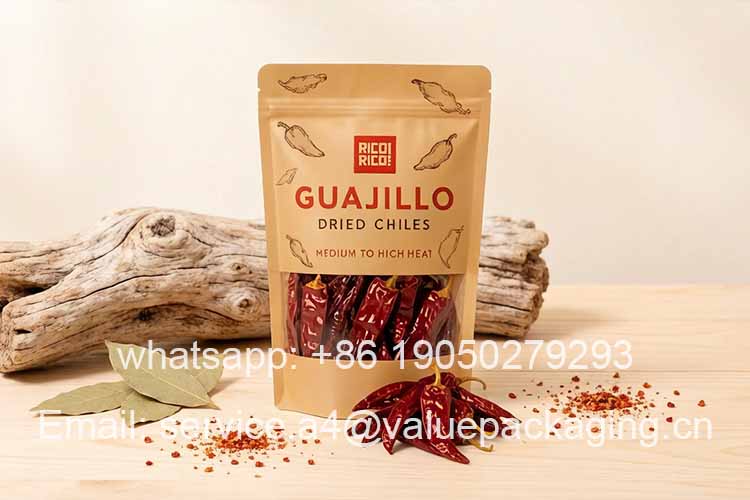Kraft paper transparent window dried chili zipper stand-up bag