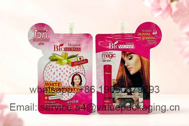 Odd-shaped hair dye stand-up spout pouch