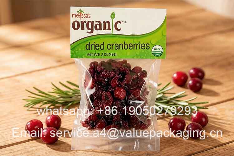 Transparent sachet of dried cranberries